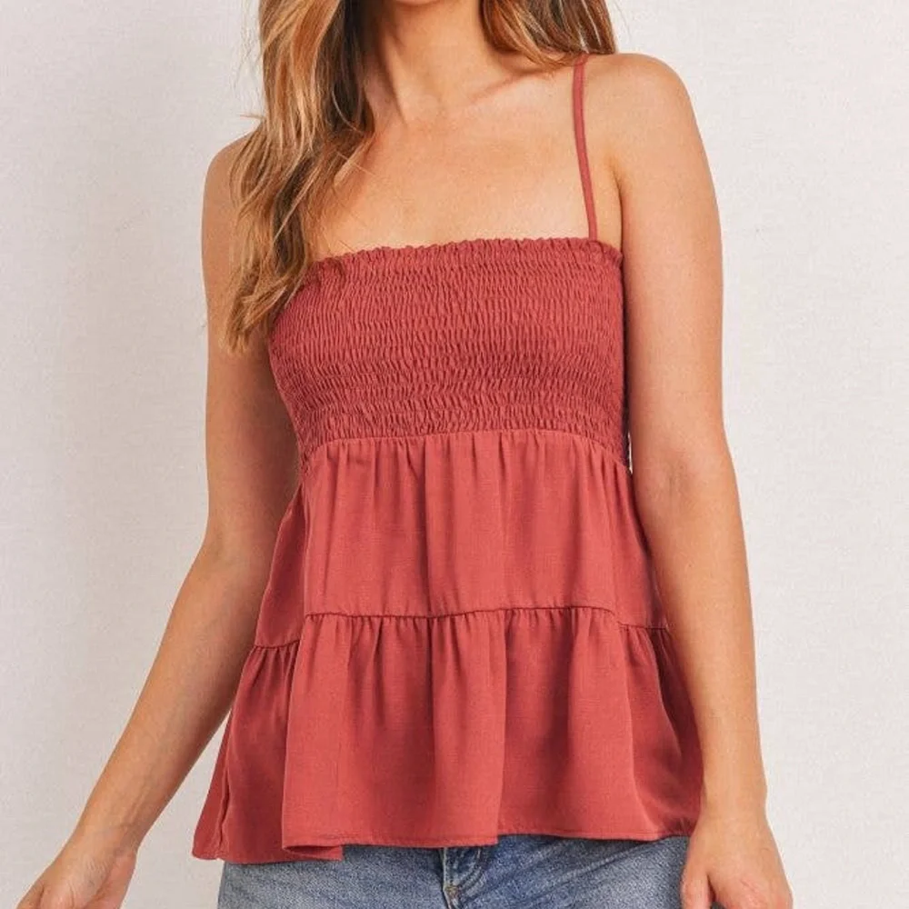 NWT Rust Red Tiered Smocked Bust Spaghetti Strap Tank Top - Picture 2 of 5